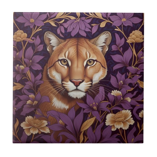 Cougar Face Among Deep Purple Foliage and Flowers Ceramic Tile (Front)