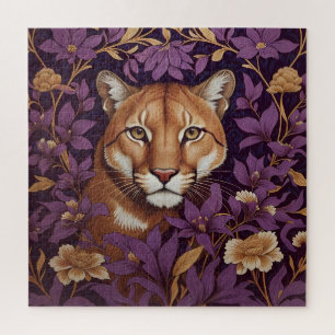 Cougar Face Among Deep Purple Foliage and Flowers Jigsaw Puzzle