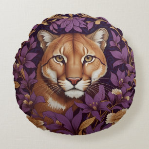 Cougar Face Among Deep Purple Foliage and Flowers Round Cushion