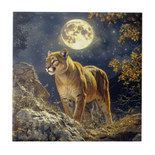 Cougar in the Moonlight Wildlife Art Ceramic Tile