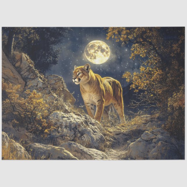 Cougar in the Moonlight Wildlife Art Decoupage Tissue Paper (Front)