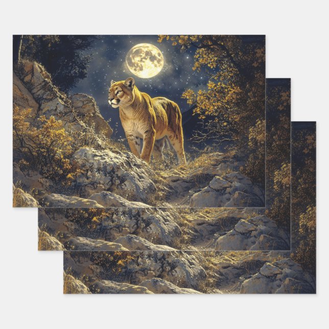 Cougar in the Moonlight Wildlife Art Decoupage Wrapping Paper Sheet (Set)