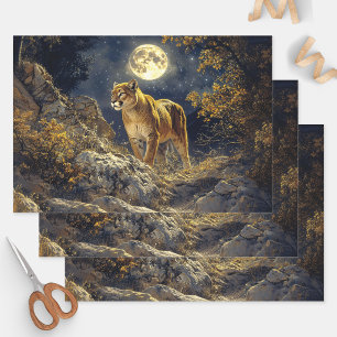 Cougar in the Moonlight Wildlife Art Decoupage Wrapping Paper Sheet