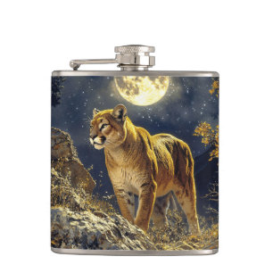 Cougar in the Moonlight Wildlife Art Hip Flask