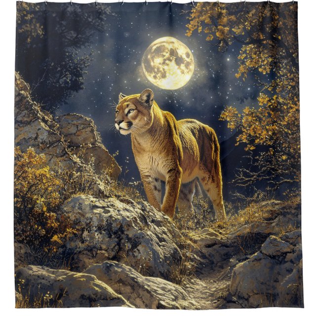 Cougar in the Moonlight Wildlife Art Shower Curtain (Front)