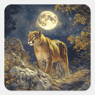 Cougar in the Moonlight Wildlife Art Square Sticker