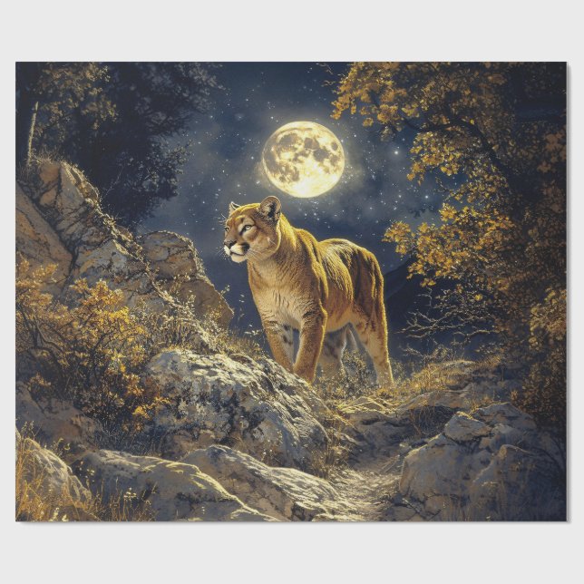 Cougar in the Moonlight Wildlife Art Wrapping Paper (Flat)