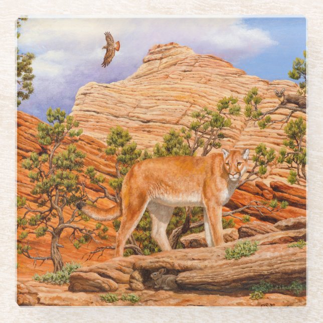 Cougar Mountain Lion In Zion National Park Glass Coaster (Front)