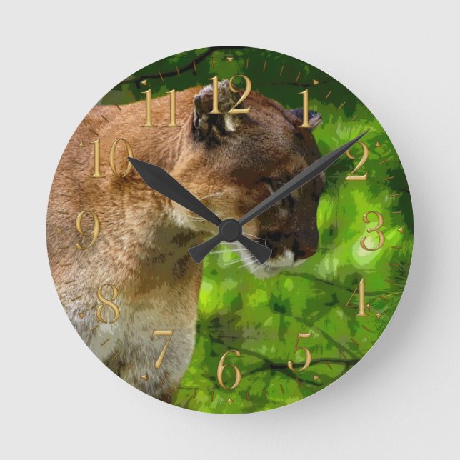 Cougar Mountain Lion & Pine Branches Wildlife Art Round Clock (Front)