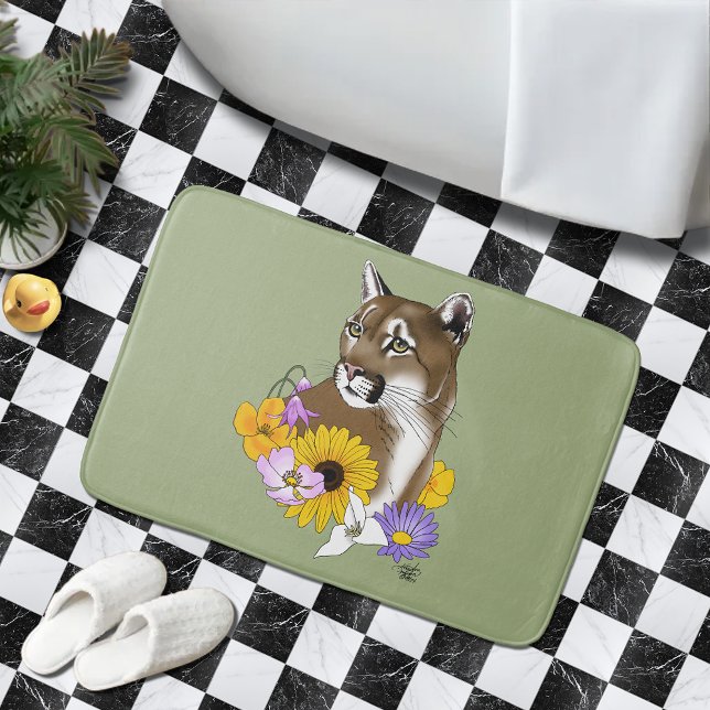 Cougar Mountain Lion Puma Flowers Bath Mat (Creator Uploaded)