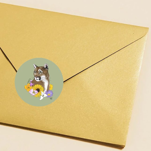 Cougar Mountain Lion Puma Flowers Classic Round Sticker (Creator Uploaded)