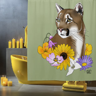 Cougar Mountain Lion Puma Flowers Shower Curtain