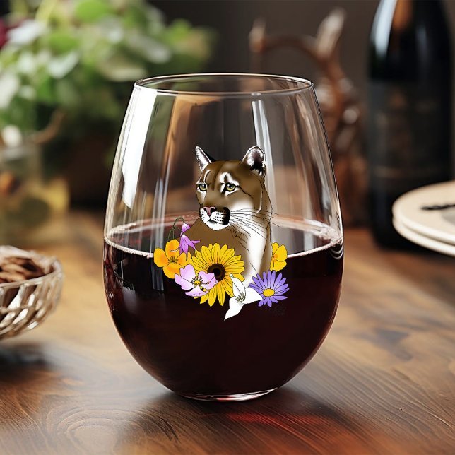 Cougar Mountain Lion Puma Flowers Stemless Wine Glass (Creator Uploaded)