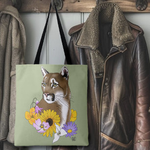 Cougar Mountain Lion Puma Flowers Tote Bag