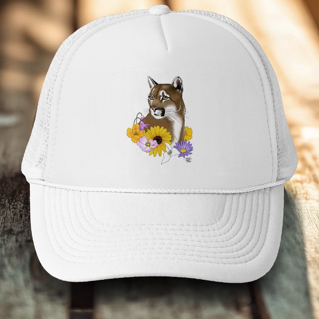 Cougar Mountain Lion Puma Flowers Trucker Hat (Creator Uploaded)