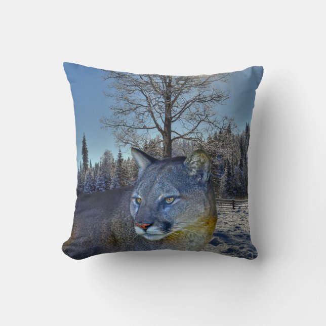 Cougar Mountain Lion & Winter Tree Wildlife Image Cushion (Front)
