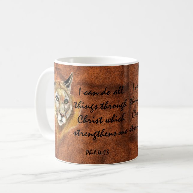 Cougar Puma Mountain Lion Joshua 1:9 Quote Coffee Mug (Front Left)