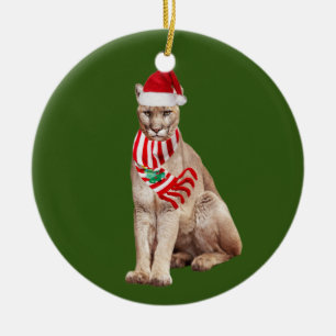 Cougar With Hat Scaft Christmas Ceramic Ornament