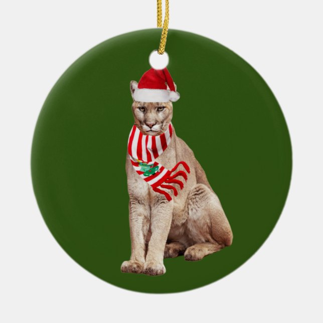 Cougar With Hat Scaft Christmas Ceramic Ornament (Front)