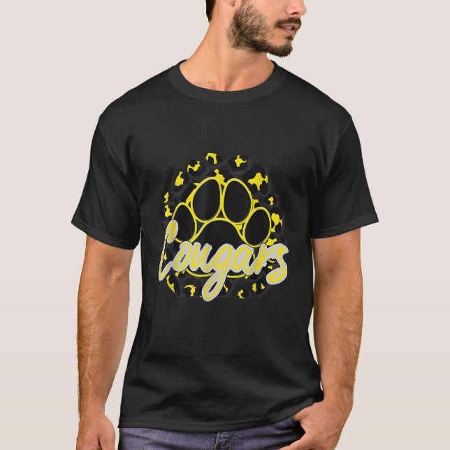 Cougar Yellow Black Cheetah School Sports Fan Team T-Shirt (Front)