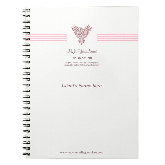 Counseling session notes, pink rising phoenix notebook (Front)