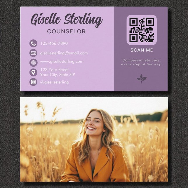 Counsellor Lavender Purple QR Code Photo  Business Card (Creator Uploaded)