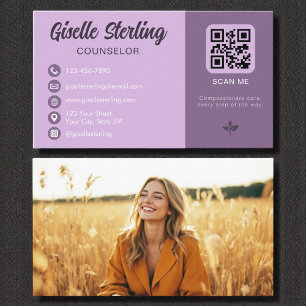 Counselor Lavender Purple QR Code Photo  Business Card