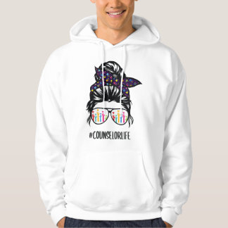 Counselor life messy bun hair glasses back to scho hoodie