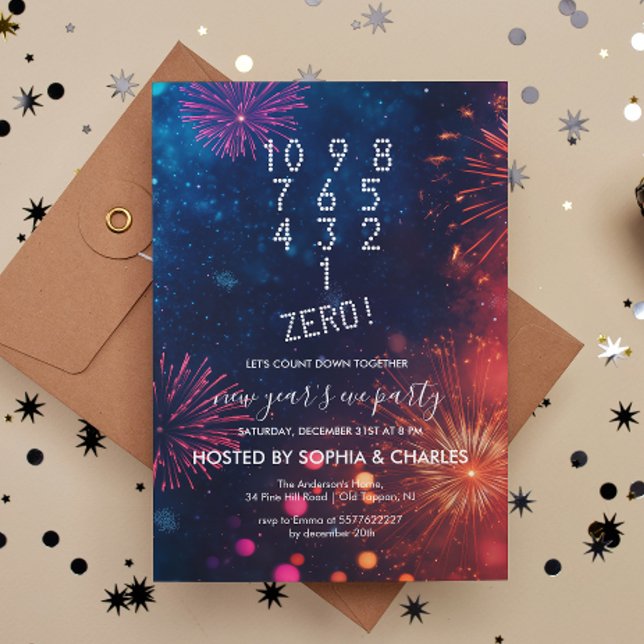 Count Down Fireworks Blue New Year's Eve Party Invitation (Creator Uploaded)