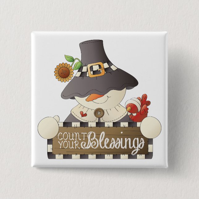 Count Your Blessings Snowman Pilgrim 15 Cm Square Badge (Front)