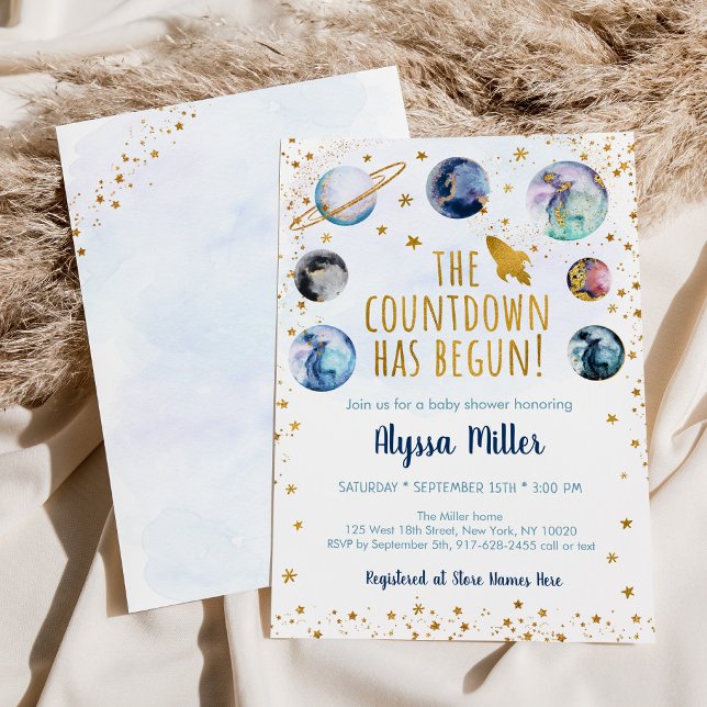 Countdown Has Begun Blue Gold Space Baby Shower Invitation (Creator Uploaded)