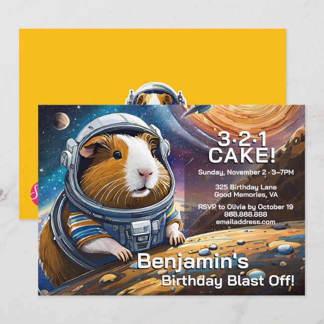 Countdown to Guinea Pigs in Space Birthday Invitation (Front/Back)