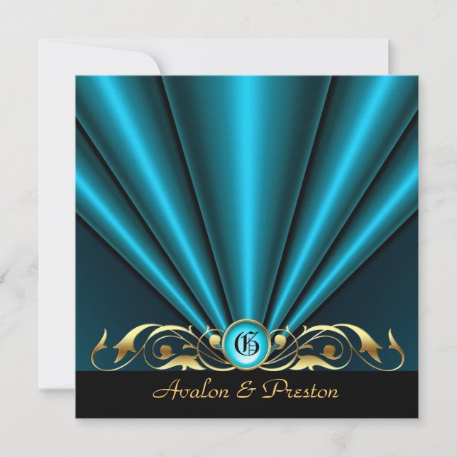 Countess Teal Silk Gather Gold Scroll Invitation (Front)