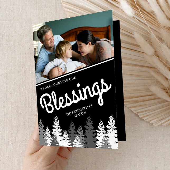 Counting Our Blessings Black Christmas Photo Pine Holiday Card (Creator Uploaded)