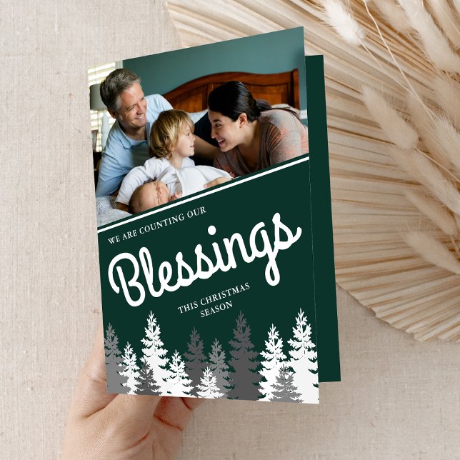 Counting Our Blessings Green Christmas Photo Pine Holiday Card (Creator Uploaded)