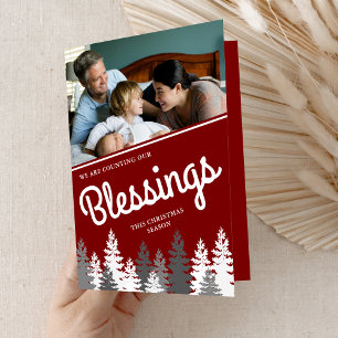 Counting Our Blessings Red Christmas Photo Pine Holiday Card