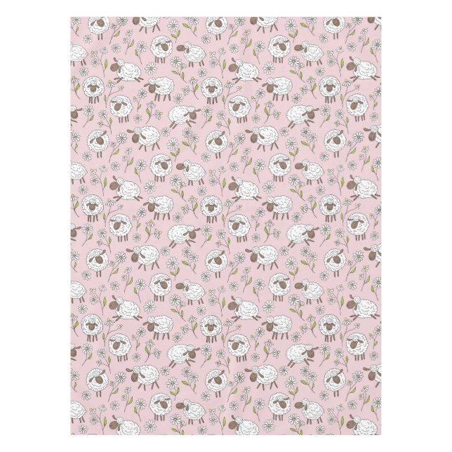 Counting sheep on cotton candy pink tablecloth (Front)