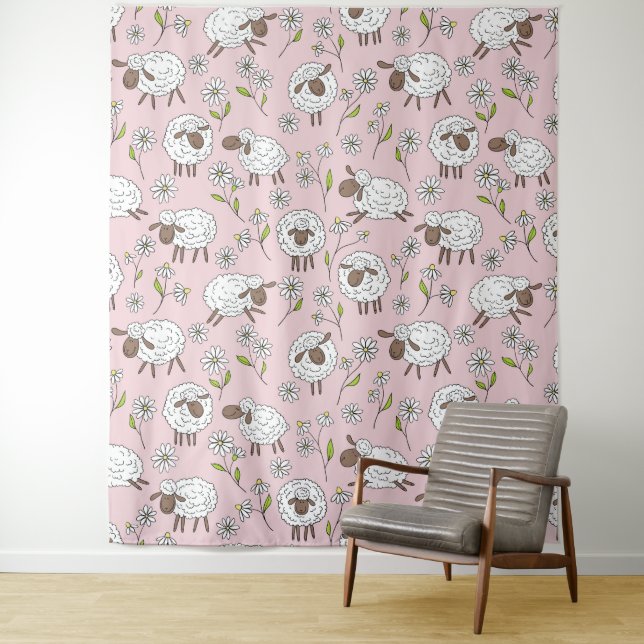 Counting sheep on cotton candy pink tapestry (In Situ)