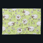 Counting sheep on honney dew green tea towel<br><div class="desc">Hand-painted cute doodle sheeps and daisies</div>