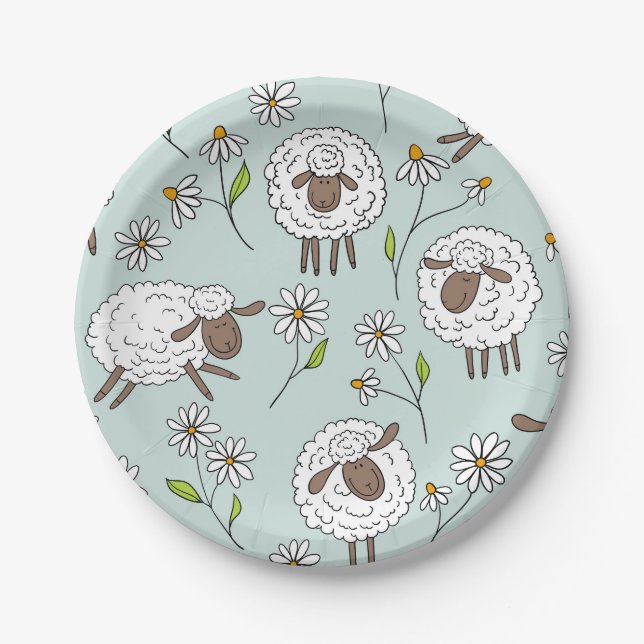 Counting sheep on sea glass blue paper plate (Front)
