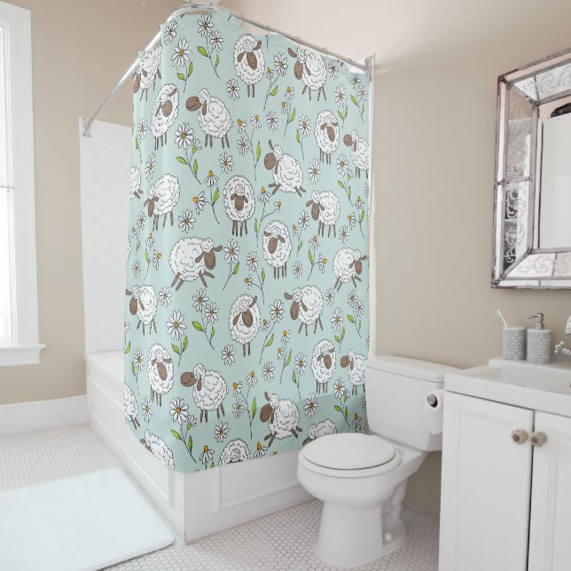 Counting sheep on sea glass blue shower curtain (In Situ)