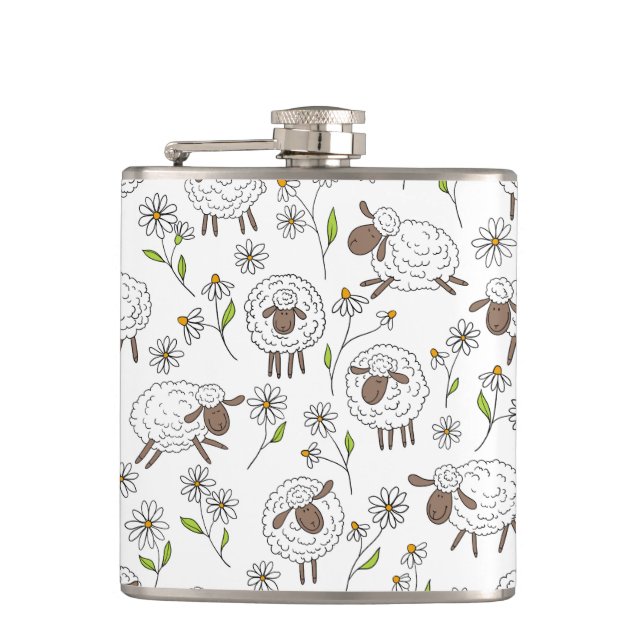 Counting sheep on white hip flask (Front)