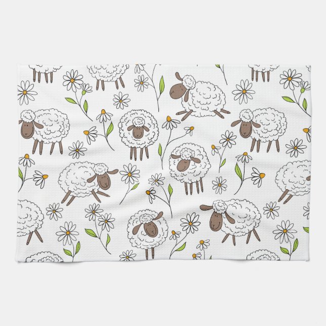 Counting sheep on white tea towel (Horizontal)
