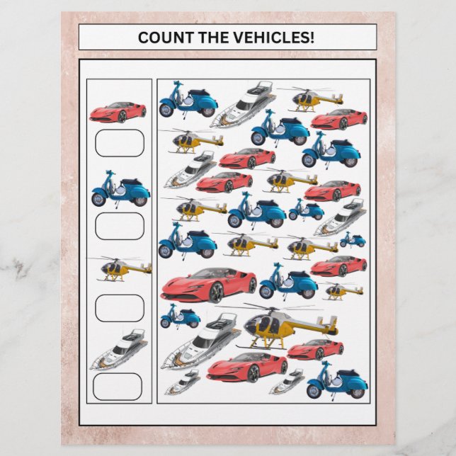 COUNTING THE VEHICLES WORKSHEET FOR KIDS FLYER (Front)