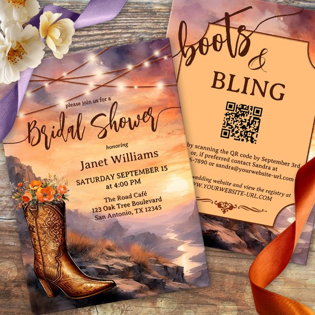 Country and Western Boots Bridal Shower Invitation (Watercolor bridal shower invitation featuring a cowboy boot and string lights outdoors - QR code)