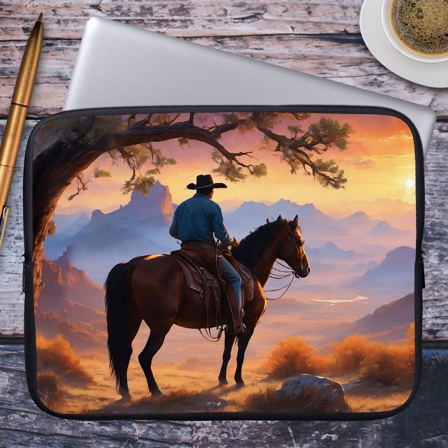 Country and Western Cowboy Horse Laptop Sleeve (Laptop sleeve featuring a painting of a cowboy on his horse overlooking a landscape at sunset)
