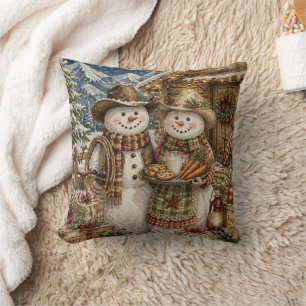Country and Western Cowboy Snowmen Christmas Plaid Cushion
