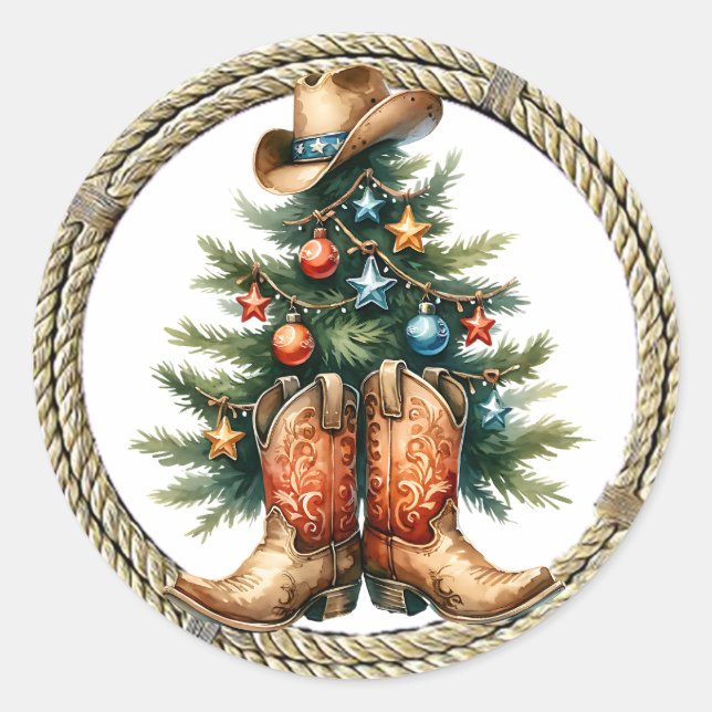 Country and Western Rustic Christmas Tree Classic Round Sticker (Front)