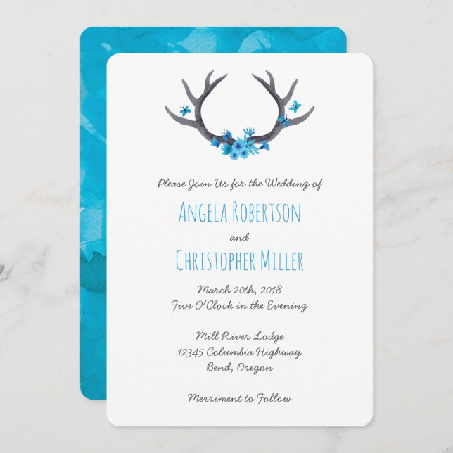 Country Antlers Blue Wedding Invitation (Front/Back)