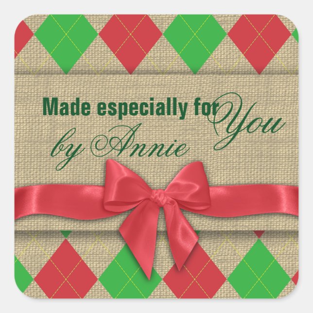 Country Argyle Burlap and Bow Square Sticker (Front)